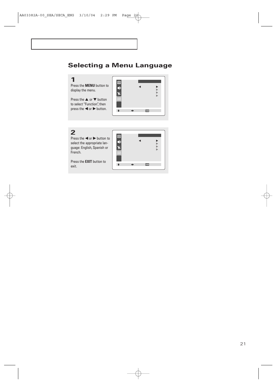 Selecting a menu language, P e r at i o n | Samsung TXP2028X-XAC User Manual | Page 21 / 52