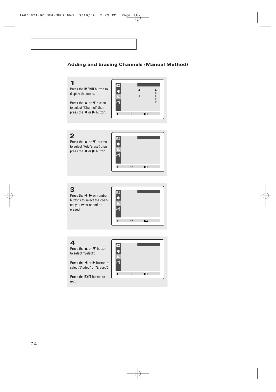 Adding and erasing channels (manual method) | Samsung TXP2028X-XAC User Manual | Page 24 / 52