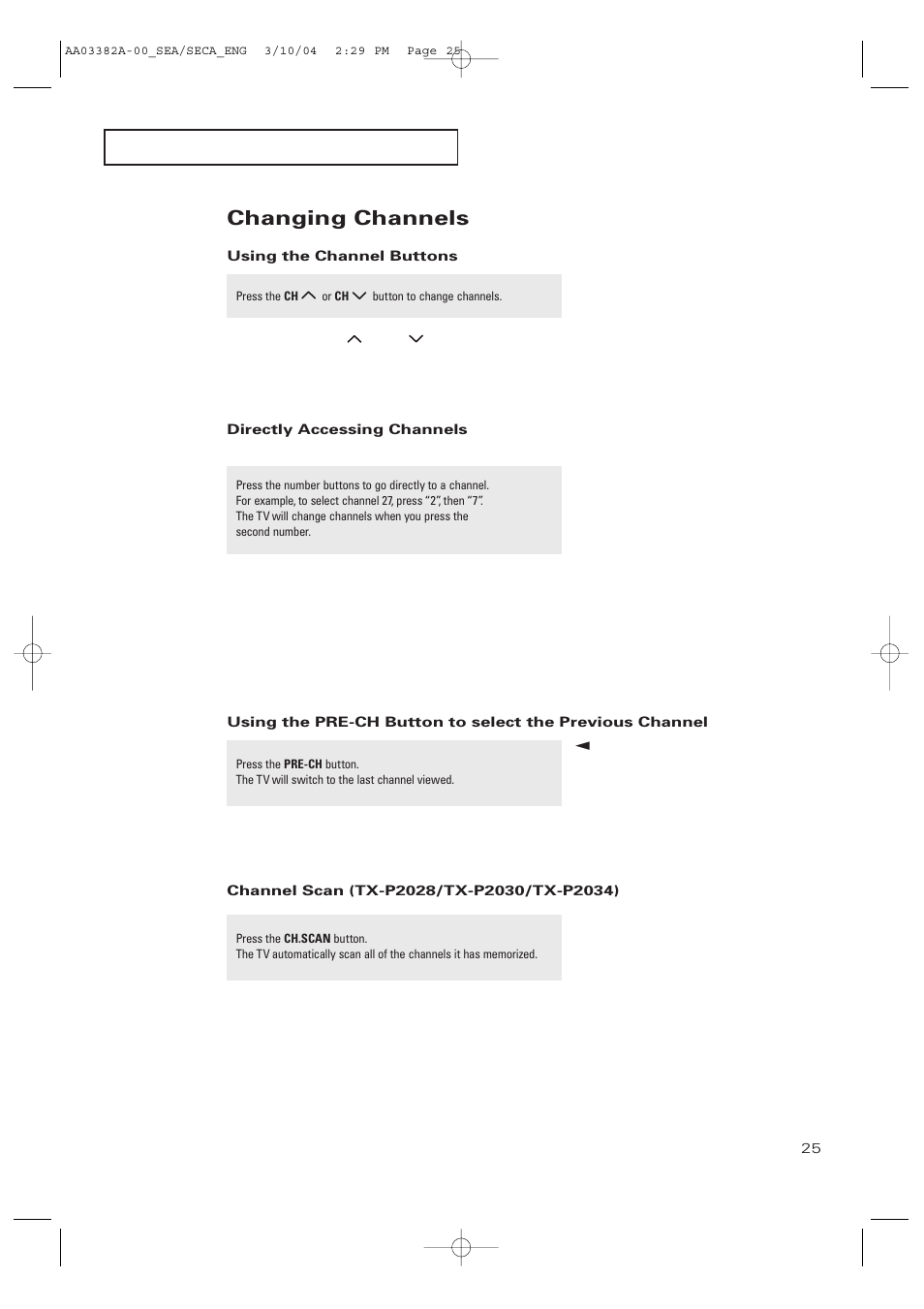 Changing channels, Using the channel buttons, Directly accessing channels | Channel scan | Samsung TXP2028X-XAC User Manual | Page 25 / 52