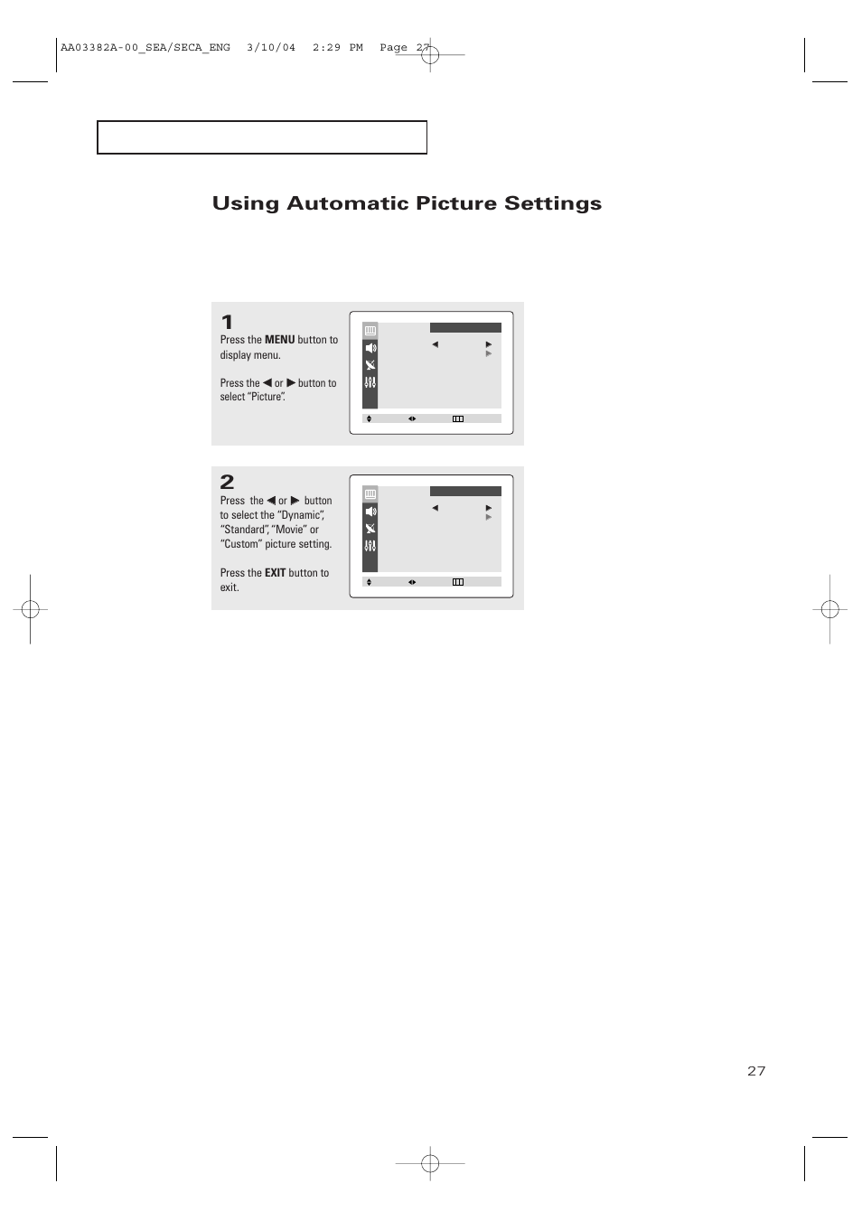 Using automatic picture settings | Samsung TXP2028X-XAC User Manual | Page 27 / 52