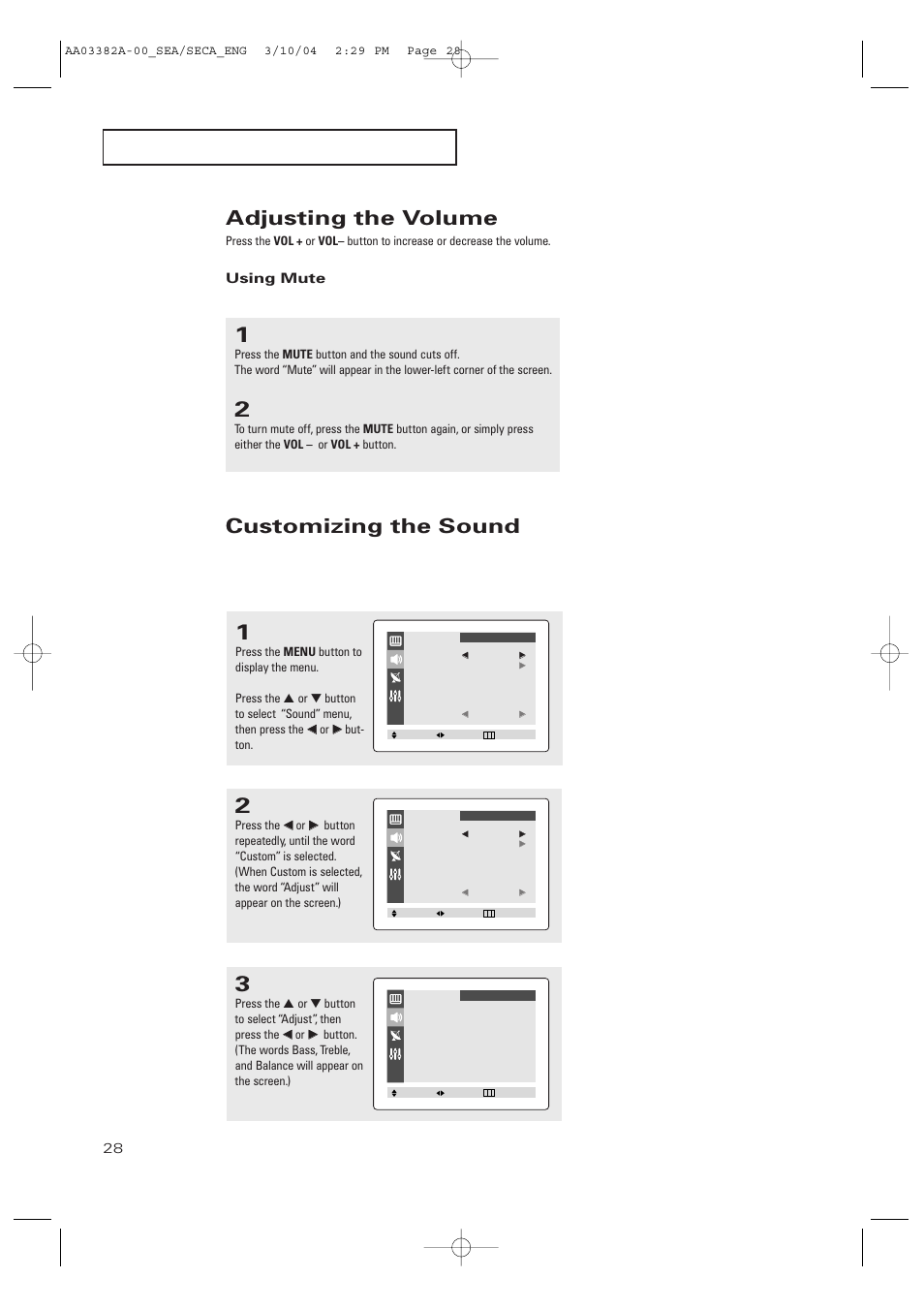 Adjusting the volume, Using mute, Customizing the sound | P e r at i o n | Samsung TXP2028X-XAC User Manual | Page 28 / 52