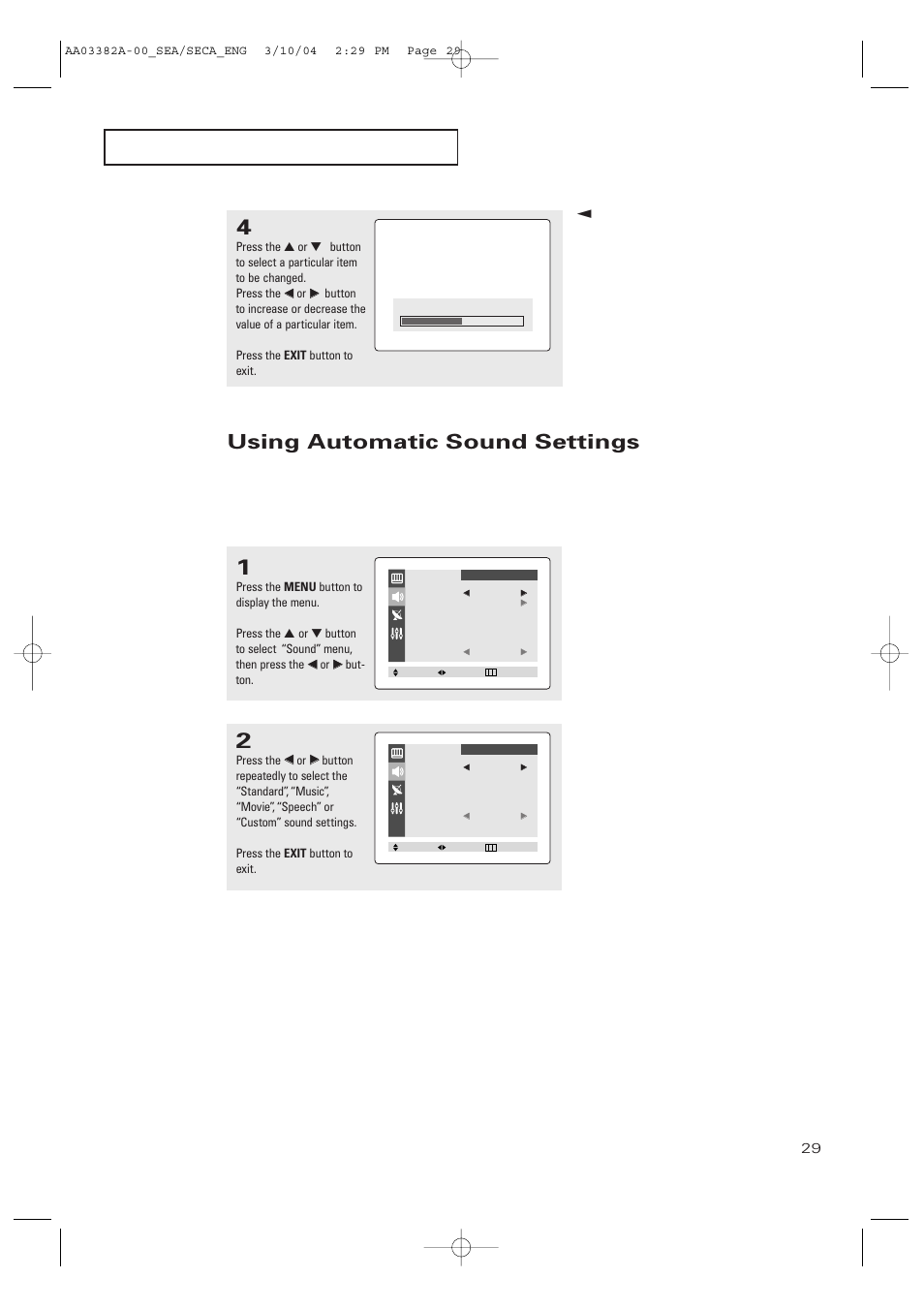Using automatic sound settings | Samsung TXP2028X-XAC User Manual | Page 29 / 52
