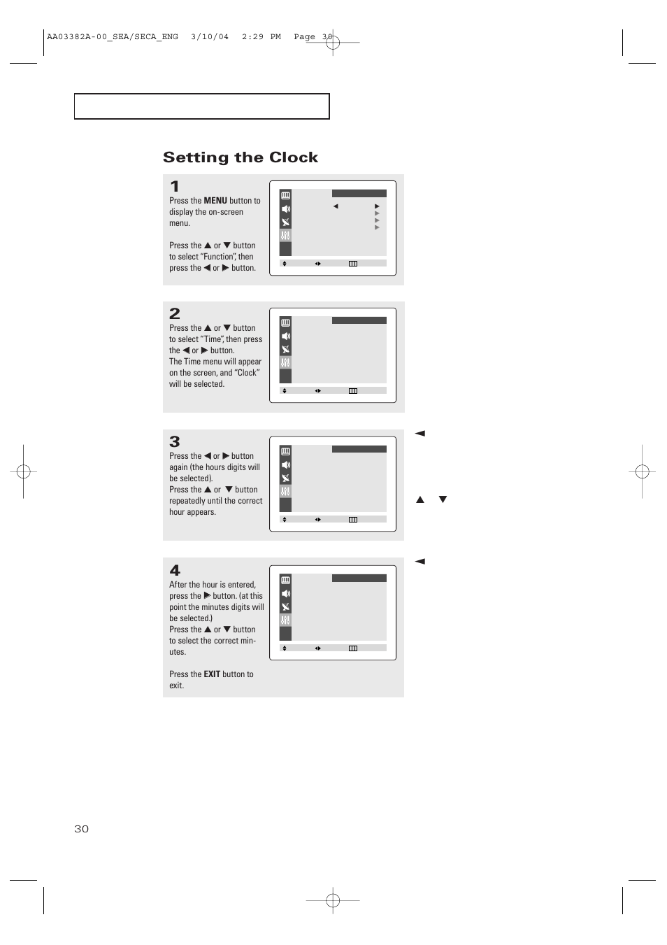 Setting the clock | Samsung TXP2028X-XAC User Manual | Page 30 / 52