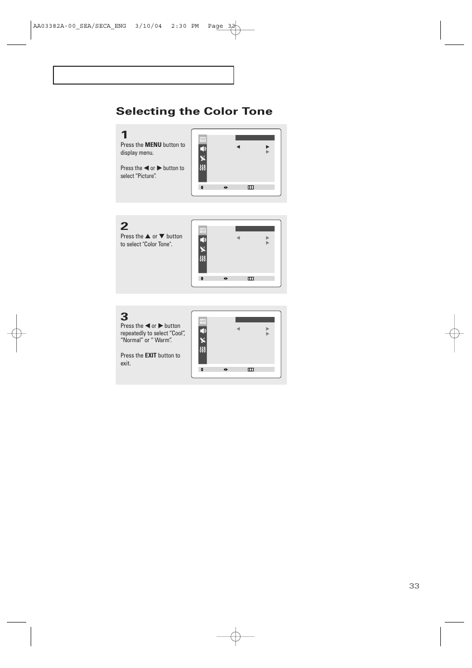 Selecting the color tone | Samsung TXP2028X-XAC User Manual | Page 33 / 52
