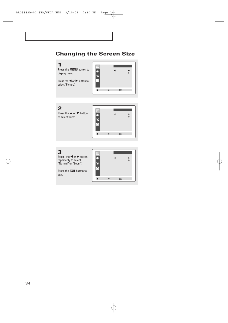 Changing the screen size | Samsung TXP2028X-XAC User Manual | Page 34 / 52