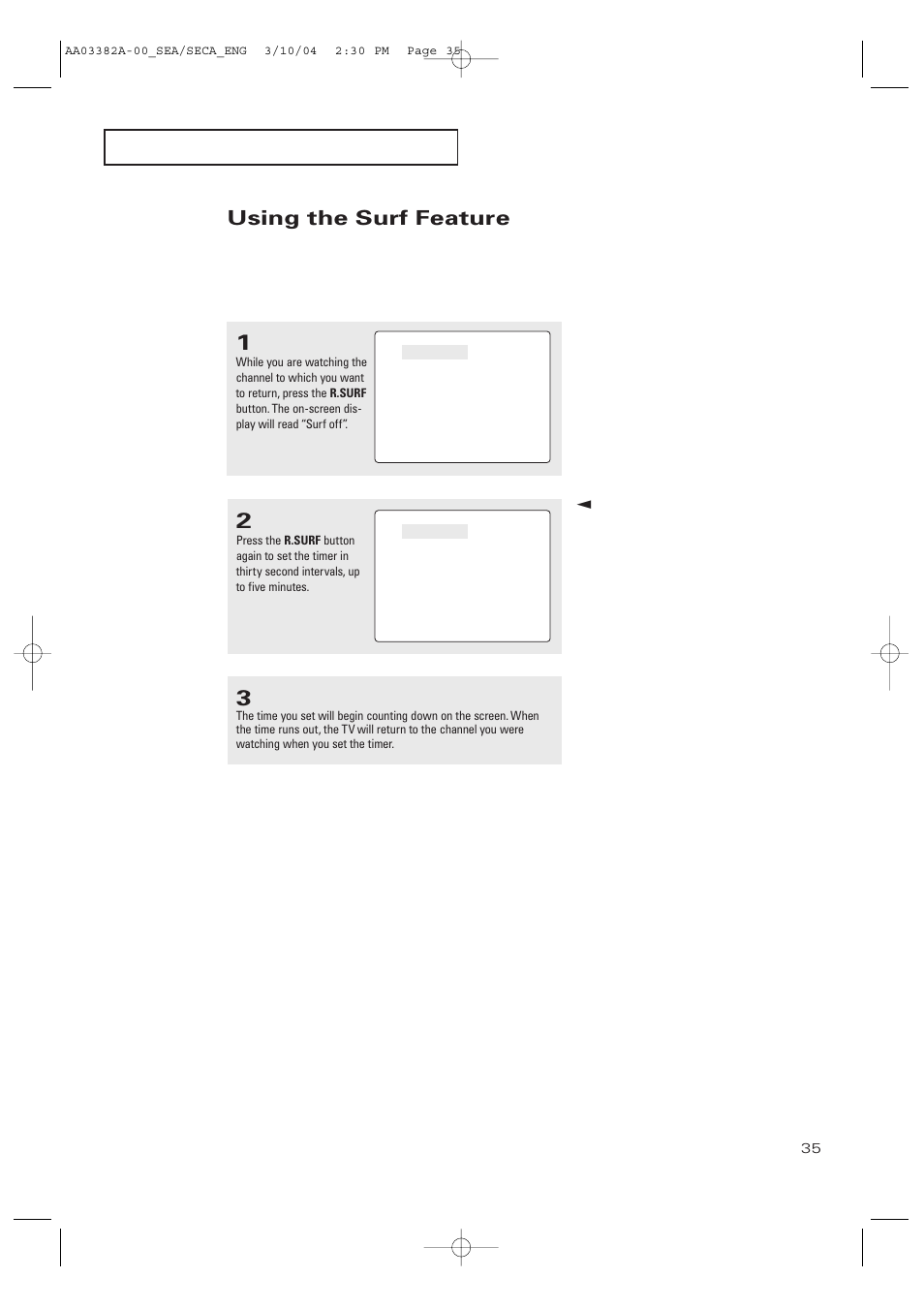 Using the surf feature | Samsung TXP2028X-XAC User Manual | Page 35 / 52