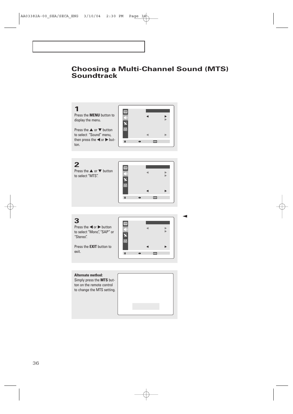 Choosing a multi-channel sound (mts) soundtrack | Samsung TXP2028X-XAC User Manual | Page 36 / 52