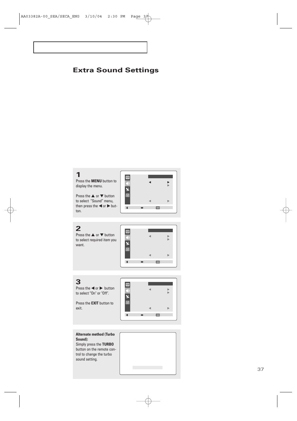 Extra sound settings | Samsung TXP2028X-XAC User Manual | Page 37 / 52