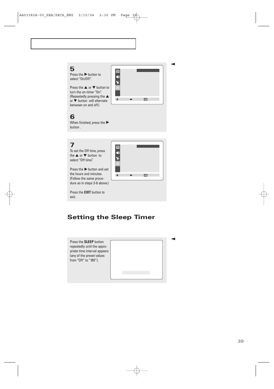Setting the sleep timer | Samsung TXP2028X-XAC User Manual | Page 39 / 52