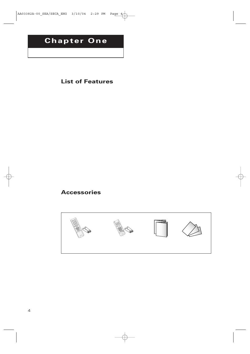 Chapter 1: your new tv, List of features, Accessories | Samsung TXP2028X-XAC User Manual | Page 4 / 52