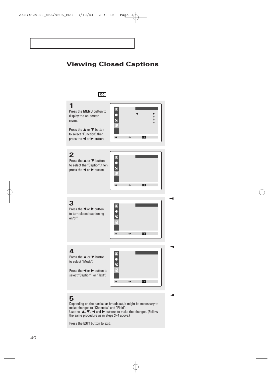 Viewing closed captions | Samsung TXP2028X-XAC User Manual | Page 40 / 52