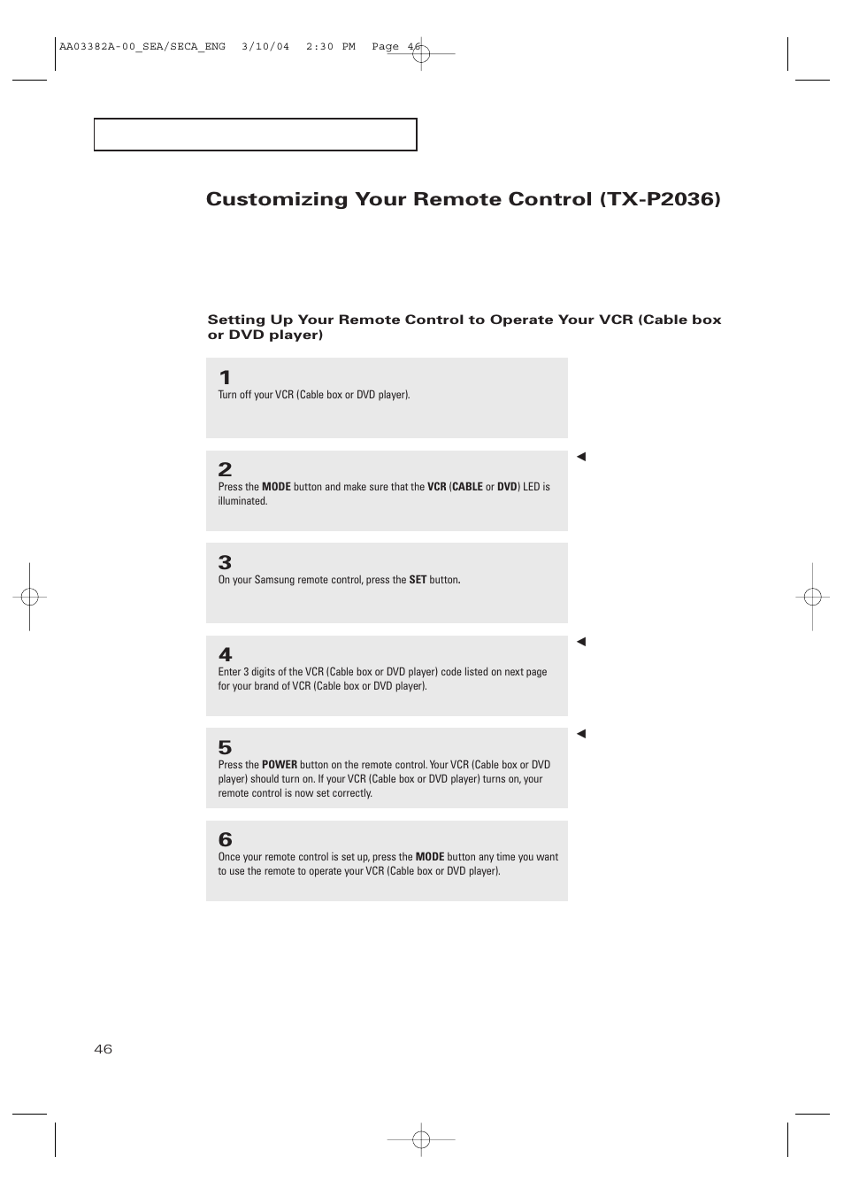 Customizing your remote control, Customizing your remote control (tx-p2036) | Samsung TXP2028X-XAC User Manual | Page 46 / 52