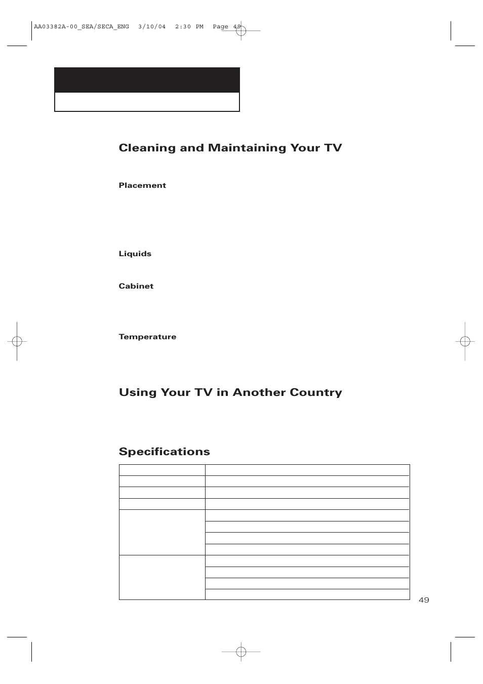Appendix, Cleaning and maintaining your tv, Using your tv in another country | Specifications | Samsung TXP2028X-XAC User Manual | Page 49 / 52