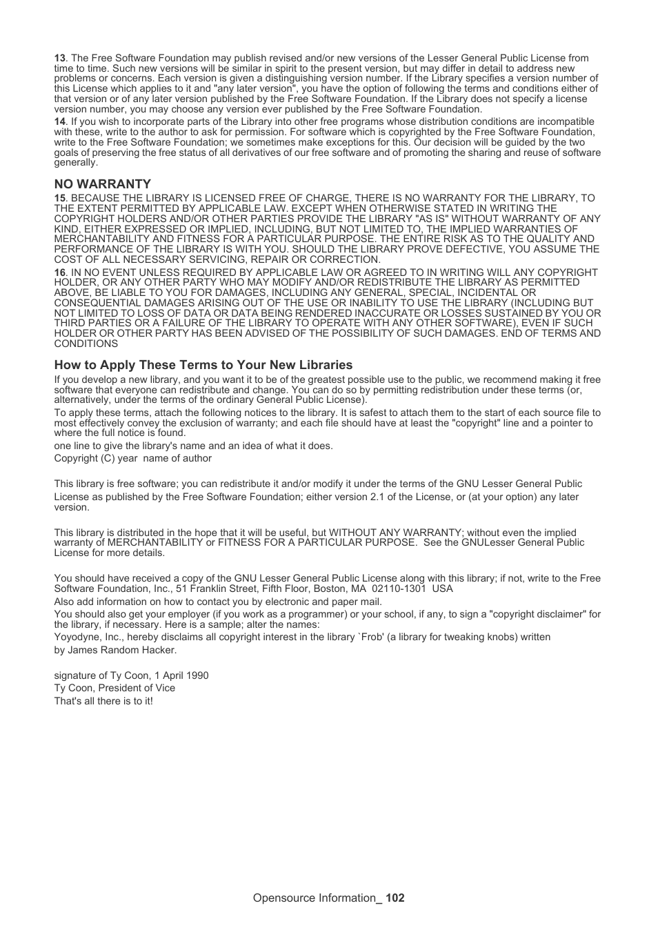 No warranty, How to apply these terms to your new libraries | Samsung ML-3471ND-XAR User Manual | Page 102 / 111