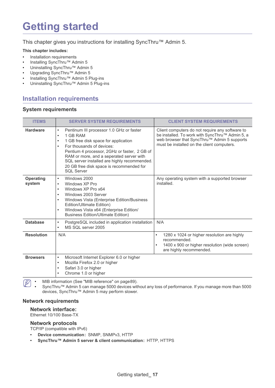 Getting started, Installation requirements, System requirements | Network requirements, Network requirements network interface, Network protocols | Samsung ML-3471ND-XAR User Manual | Page 17 / 111