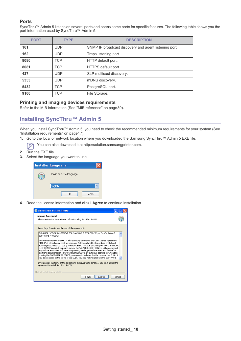 Ports, Printing and imaging devices requirements, Installing syncthru™ admin 5 | Samsung ML-3471ND-XAR User Manual | Page 18 / 111