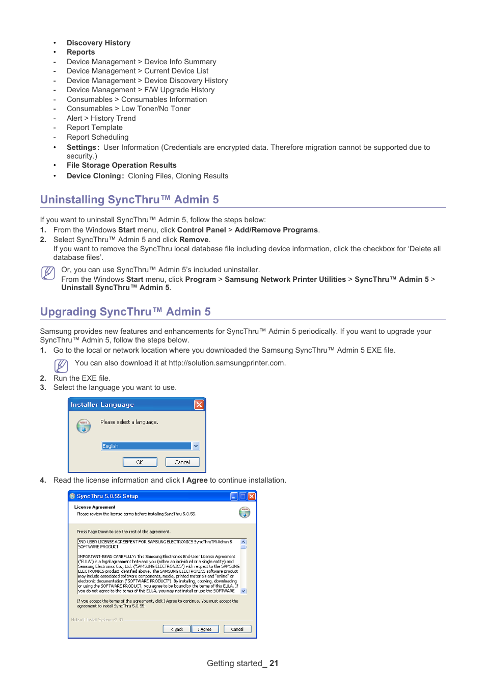 Uninstalling syncthru™ admin 5, Upgrading syncthru™ admin 5 | Samsung ML-3471ND-XAR User Manual | Page 21 / 111
