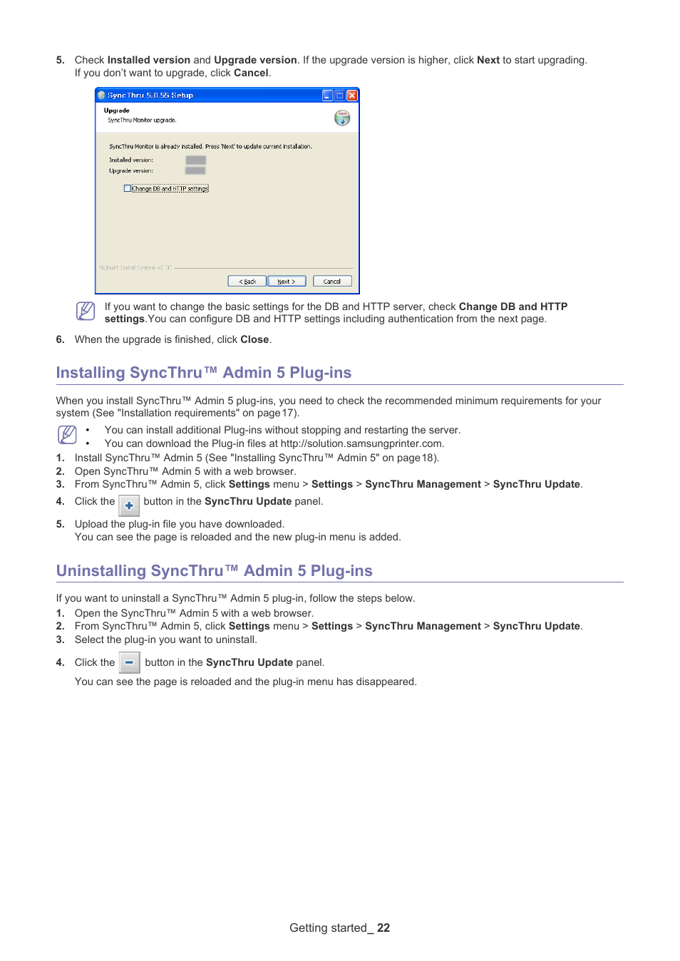 Installing syncthru™ admin 5 plug-ins, Uninstalling syncthru™ admin 5 plug-ins | Samsung ML-3471ND-XAR User Manual | Page 22 / 111