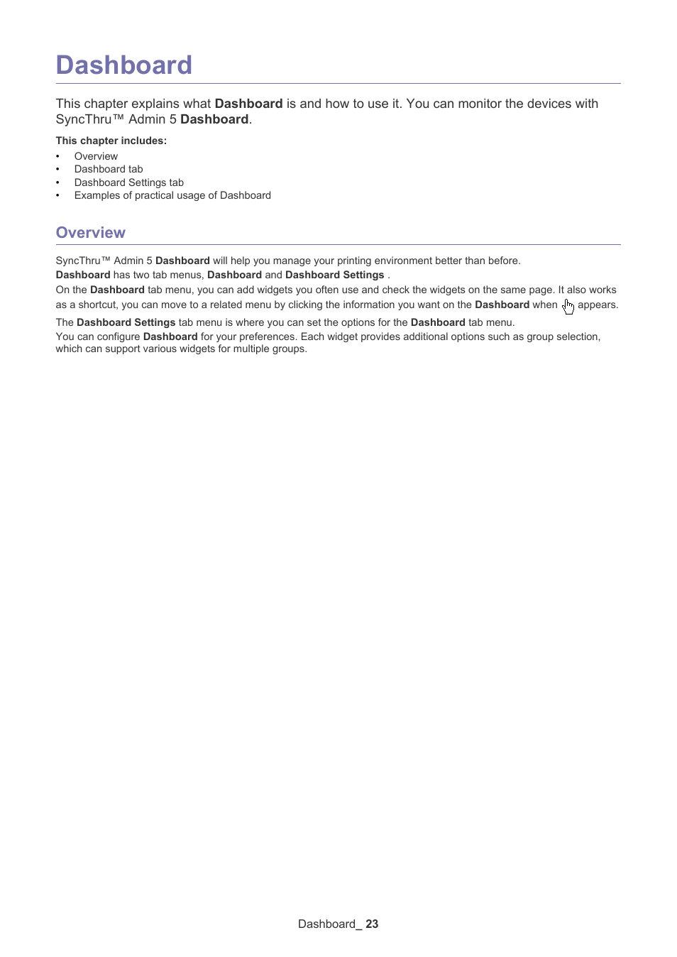 Dashboard, Overview | Samsung ML-3471ND-XAR User Manual | Page 23 / 111
