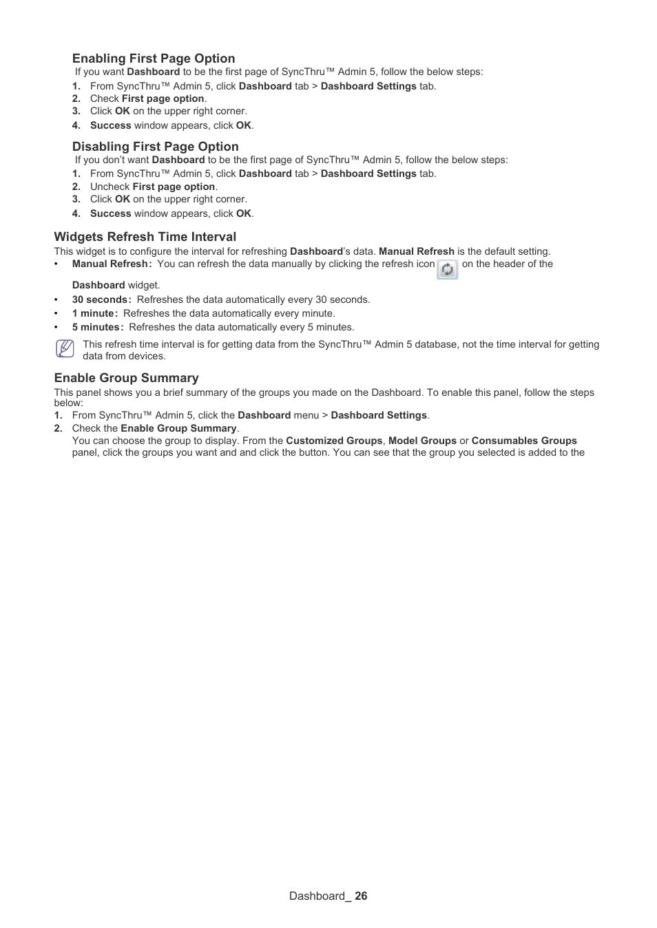 Widgets refresh time interval, Enable group summary, Enabling first page option | Disabling first page option | Samsung ML-3471ND-XAR User Manual | Page 26 / 111