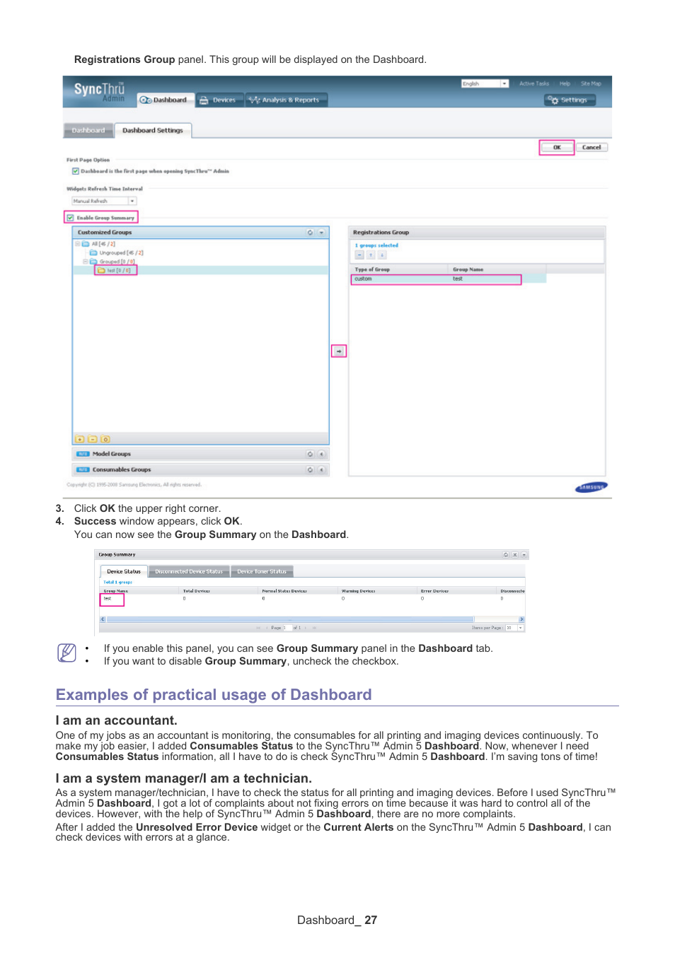 Examples of practical usage of dashboard, I am an accountant, I am a system manager/i am a technician | Samsung ML-3471ND-XAR User Manual | Page 27 / 111