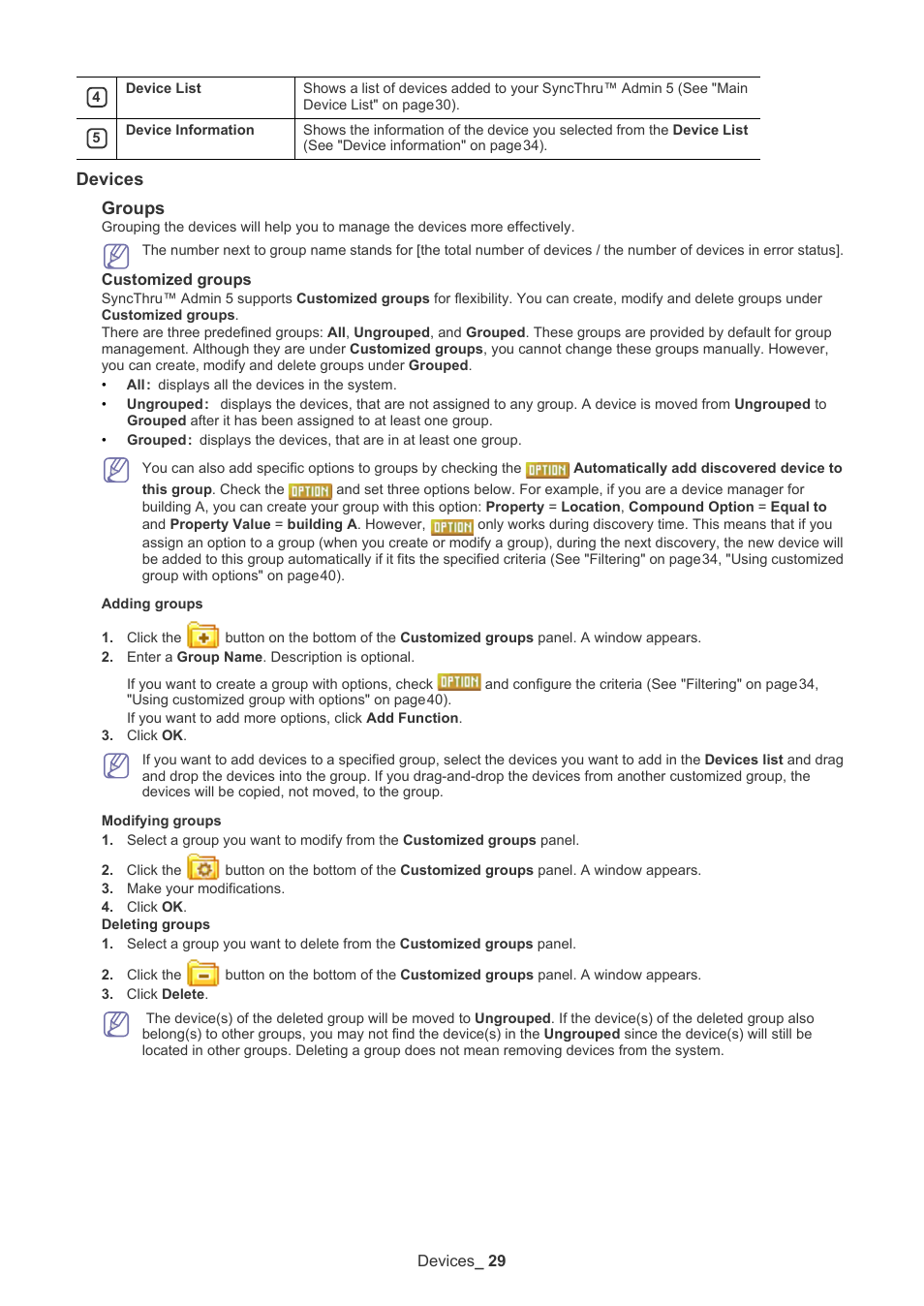 Devices, Devices groups | Samsung ML-3471ND-XAR User Manual | Page 29 / 111