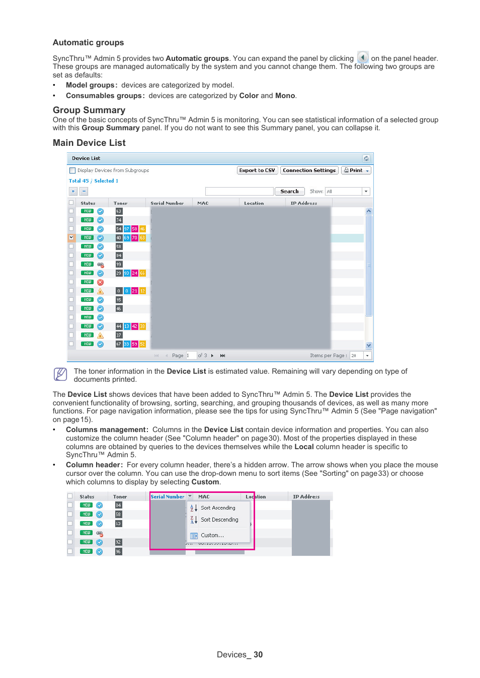 Ge 30 and, Group summary, Main device list | Samsung ML-3471ND-XAR User Manual | Page 30 / 111