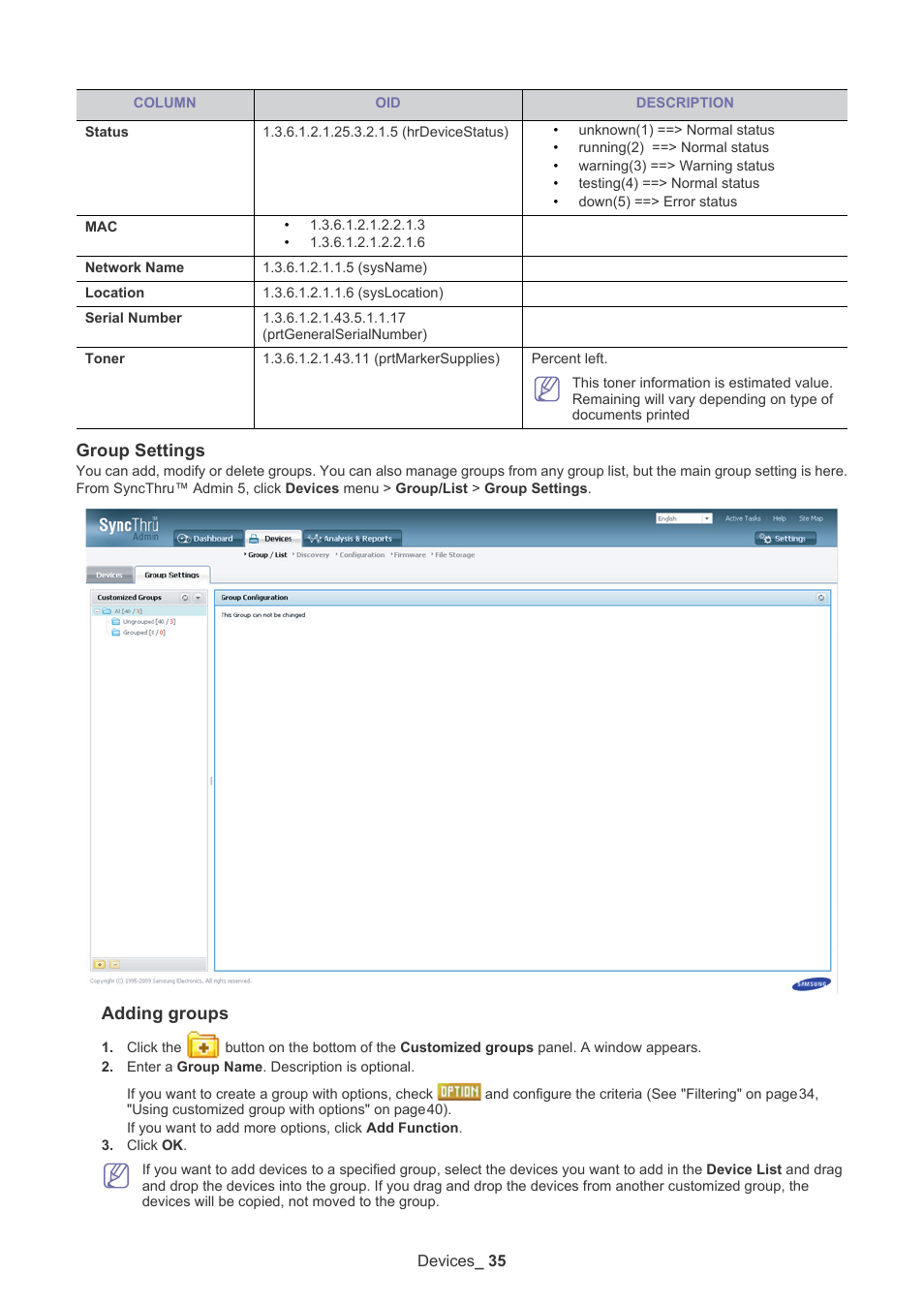 Group settings, Adding groups | Samsung ML-3471ND-XAR User Manual | Page 35 / 111
