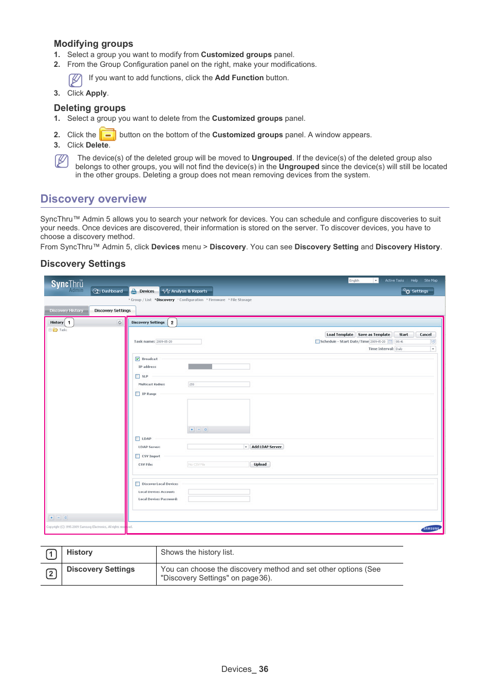 Discovery overview, Discovery settings, Modifying groups | Deleting groups | Samsung ML-3471ND-XAR User Manual | Page 36 / 111