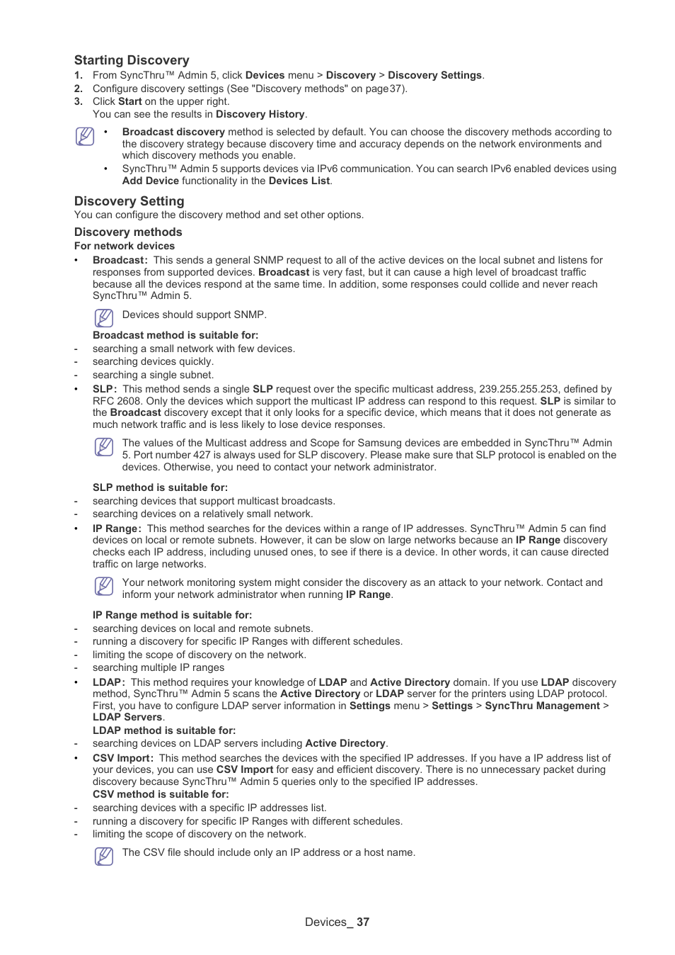 Starting discovery, Discovery setting | Samsung ML-3471ND-XAR User Manual | Page 37 / 111