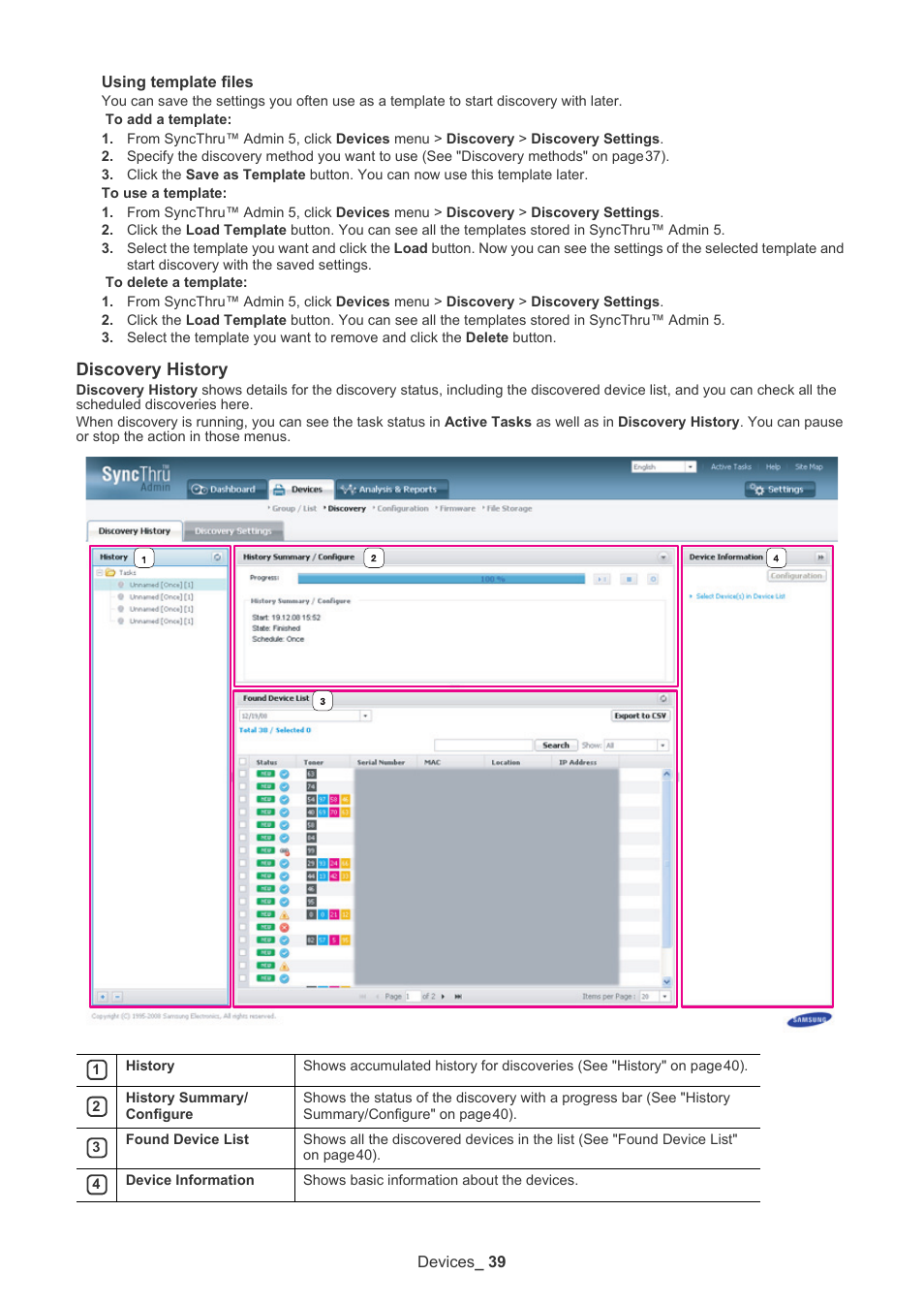 Discovery history | Samsung ML-3471ND-XAR User Manual | Page 39 / 111
