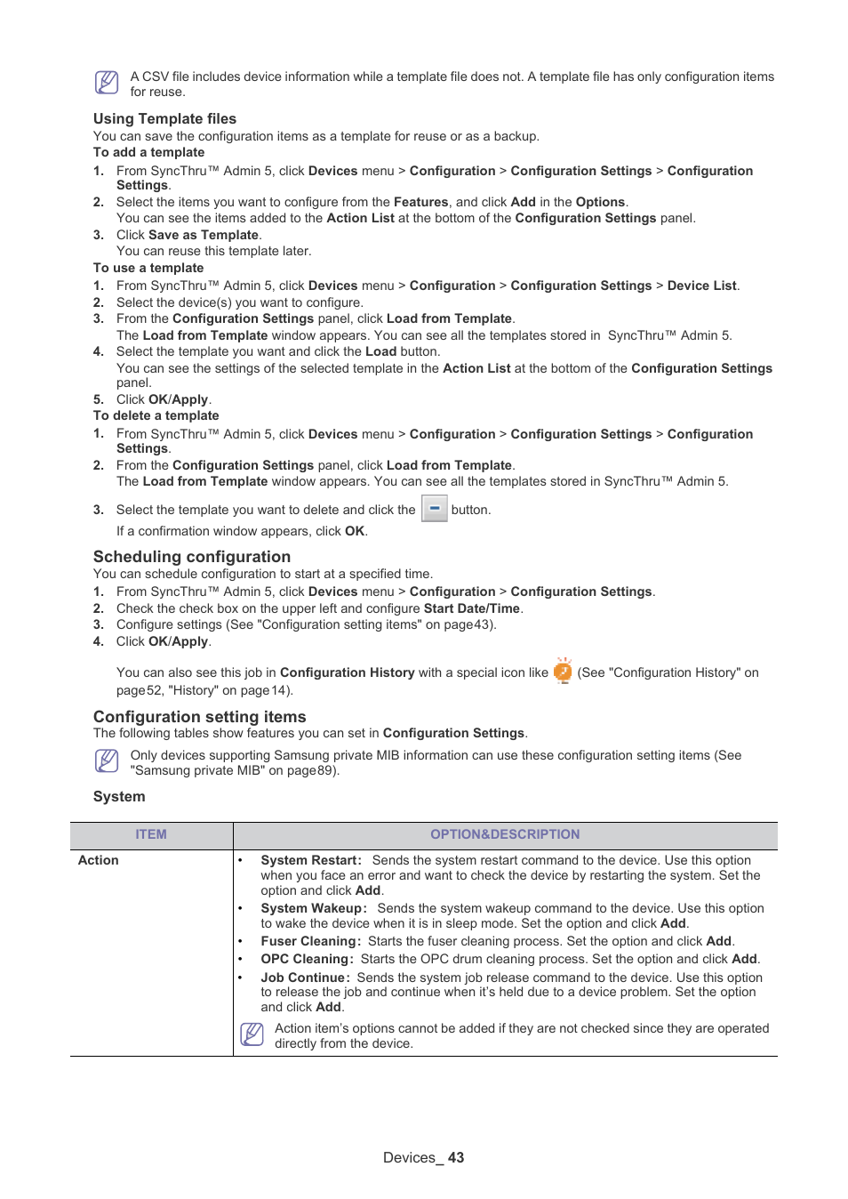 Scheduling configuration, Configuration setting items | Samsung ML-3471ND-XAR User Manual | Page 43 / 111