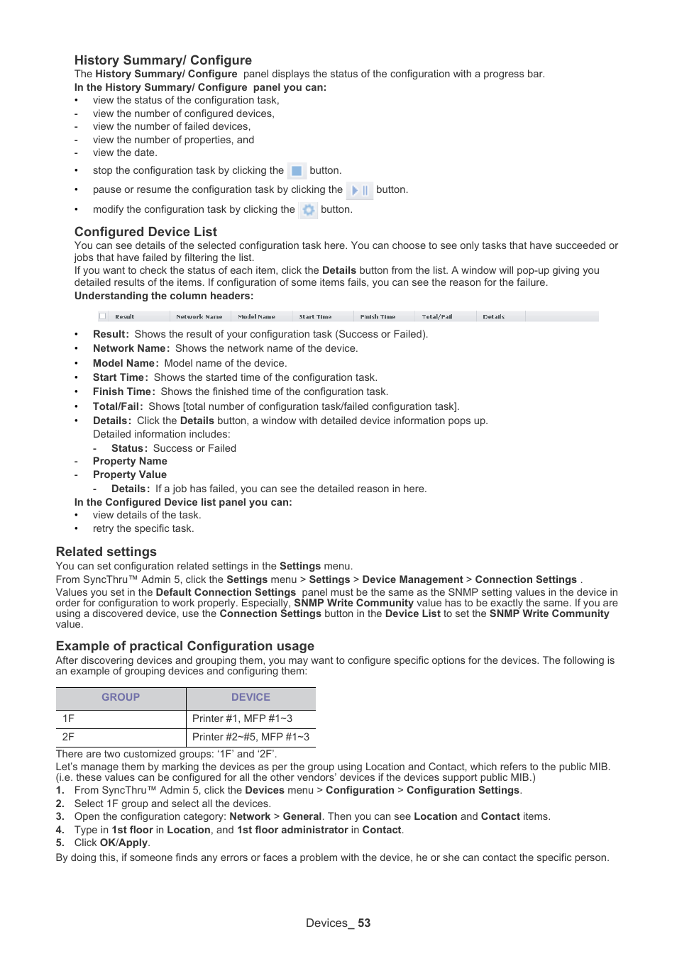Related settings, Example of practical configuration usage, History summary/ configure | Configured device list | Samsung ML-3471ND-XAR User Manual | Page 53 / 111