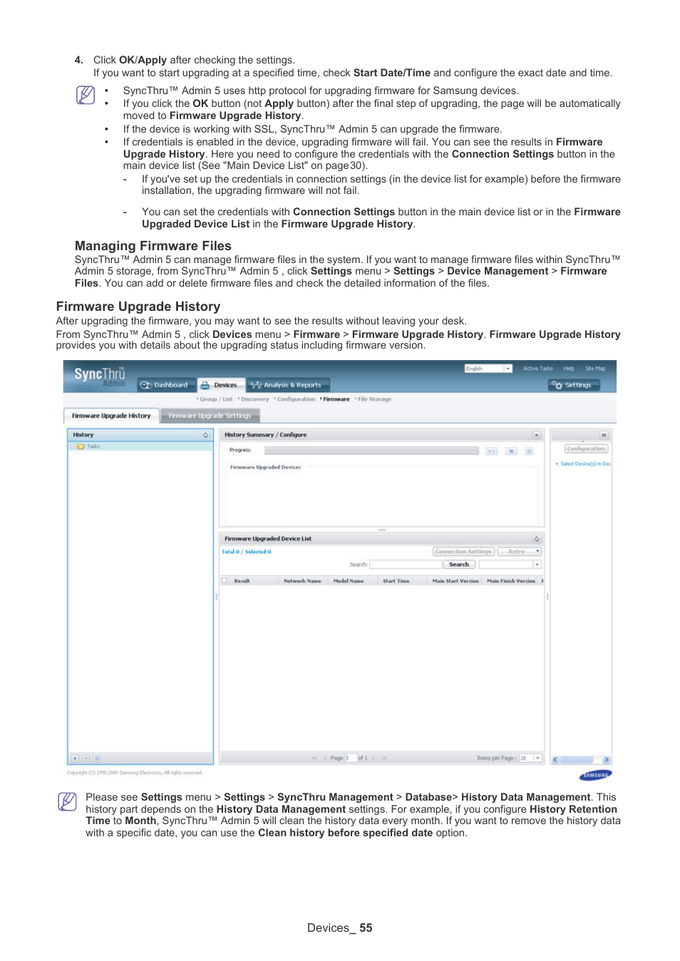 Firmware upgrade history, Managing firmware files | Samsung ML-3471ND-XAR User Manual | Page 55 / 111