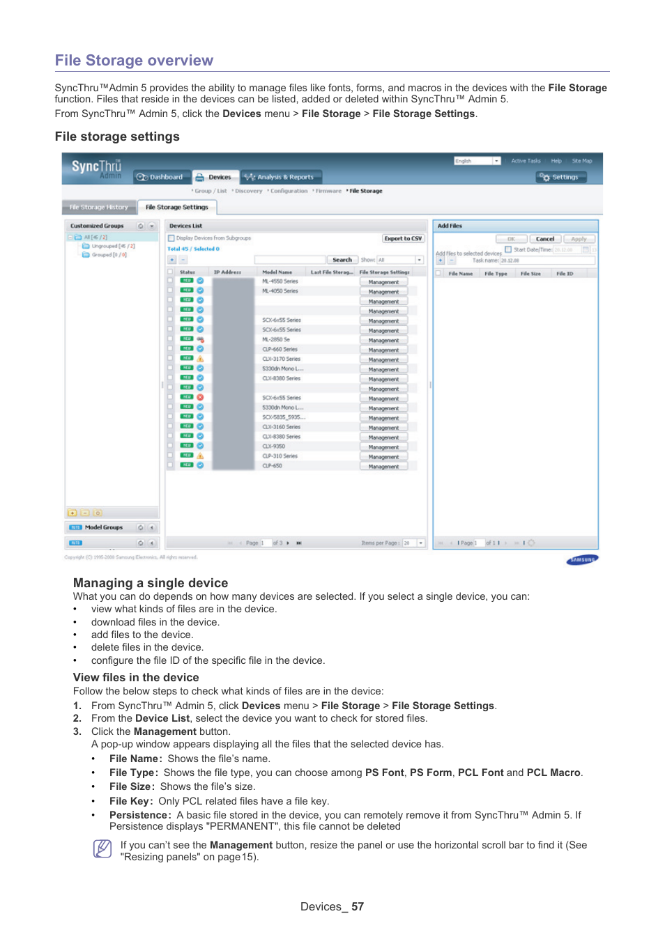 File storage overview, File storage settings, File storage settings managing a single device | Samsung ML-3471ND-XAR User Manual | Page 57 / 111