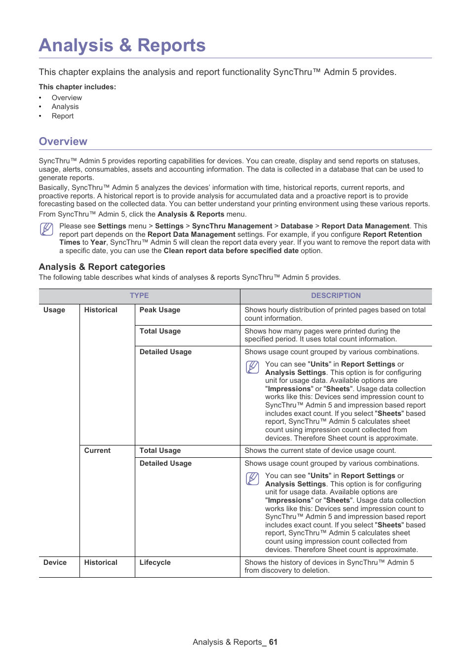 Analysis & reports, Overview, Analysis & report categories | Samsung ML-3471ND-XAR User Manual | Page 61 / 111