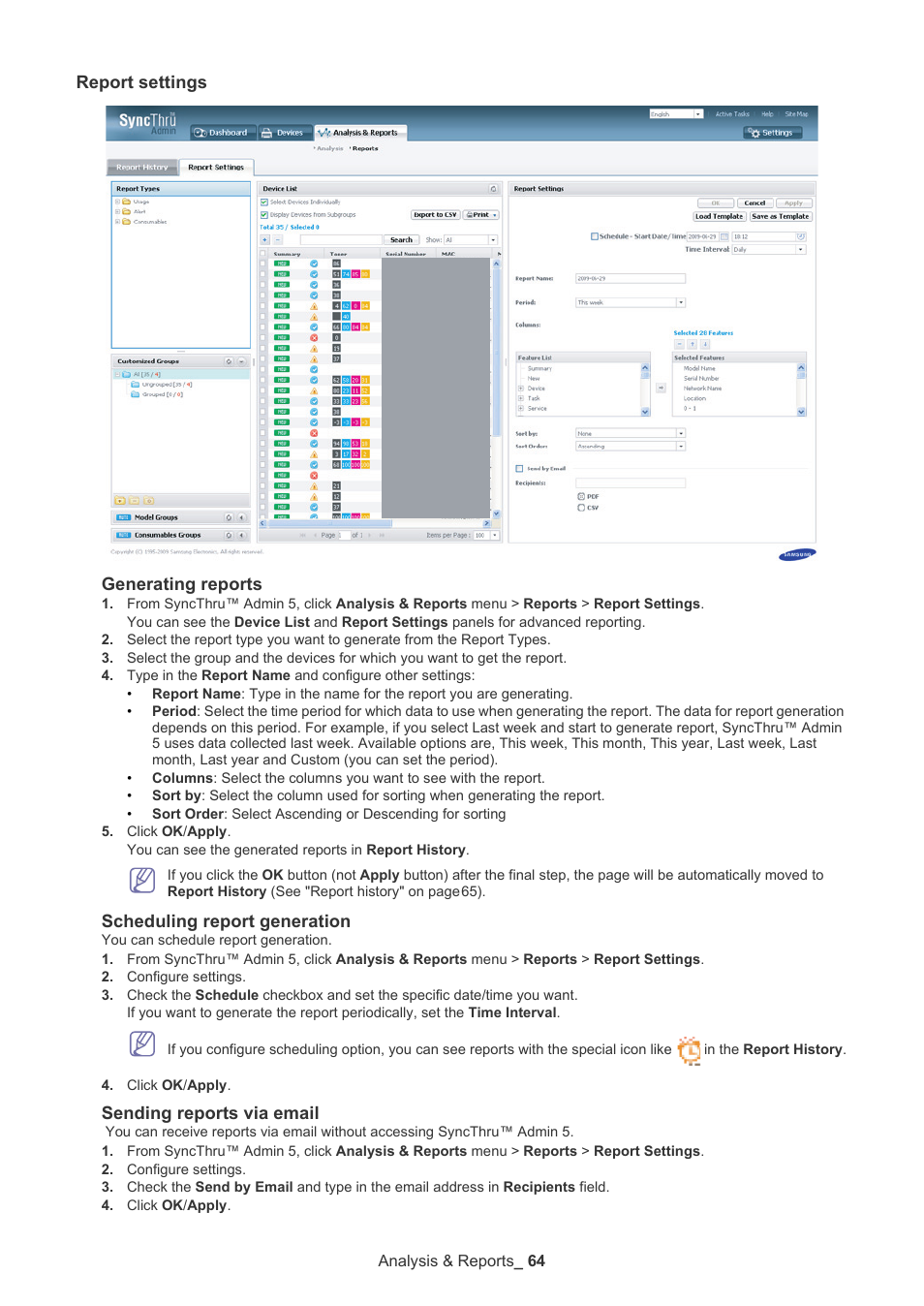 Report settings, Report settings generating reports, Scheduling report generation | Sending reports via email | Samsung ML-3471ND-XAR User Manual | Page 64 / 111