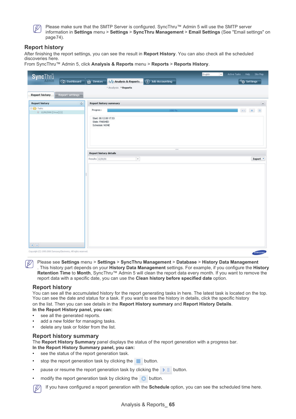 Report history, Report history summary | Samsung ML-3471ND-XAR User Manual | Page 65 / 111