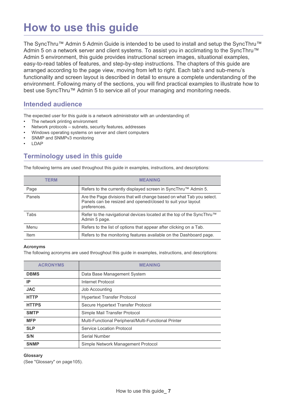 How to use this guide, Intended audience, Terminology used in this guide | Samsung ML-3471ND-XAR User Manual | Page 7 / 111