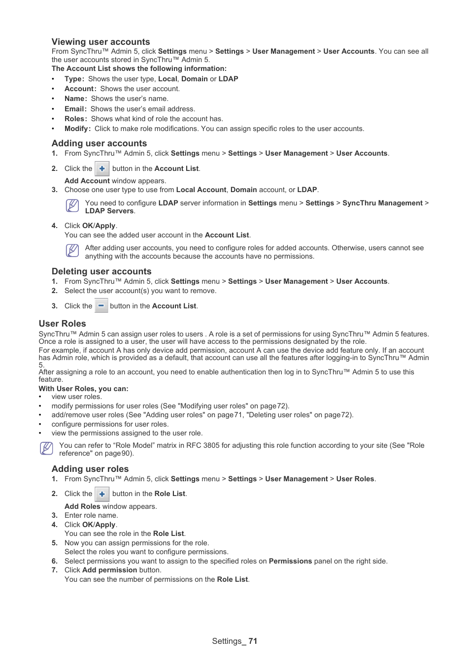 User roles, Viewing user accounts, Adding user accounts | Deleting user accounts, Adding user roles | Samsung ML-3471ND-XAR User Manual | Page 71 / 111