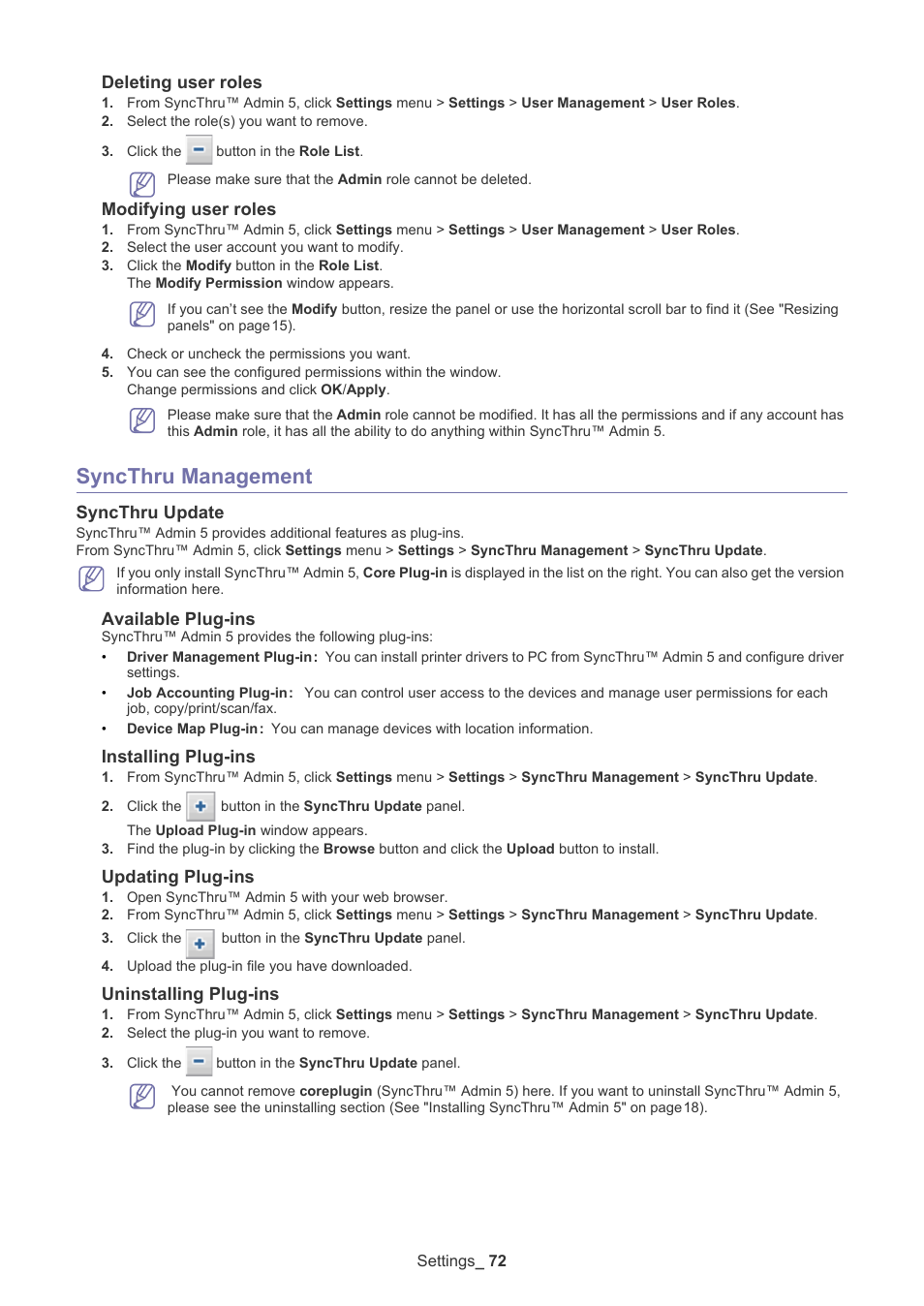 Syncthru management, Syncthru update, Deleting user roles | Modifying user roles, Available plug-ins, Installing plug-ins, Updating plug-ins, Uninstalling plug-ins | Samsung ML-3471ND-XAR User Manual | Page 72 / 111