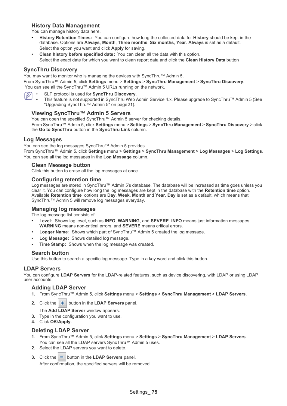 Syncthru discovery, Log messages, Ldap servers | Samsung ML-3471ND-XAR User Manual | Page 75 / 111