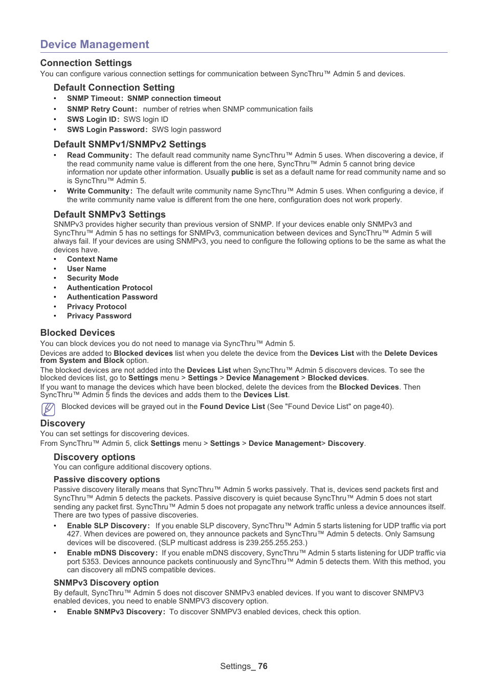 Device management, Connection settings, Blocked devices | Discovery | Samsung ML-3471ND-XAR User Manual | Page 76 / 111