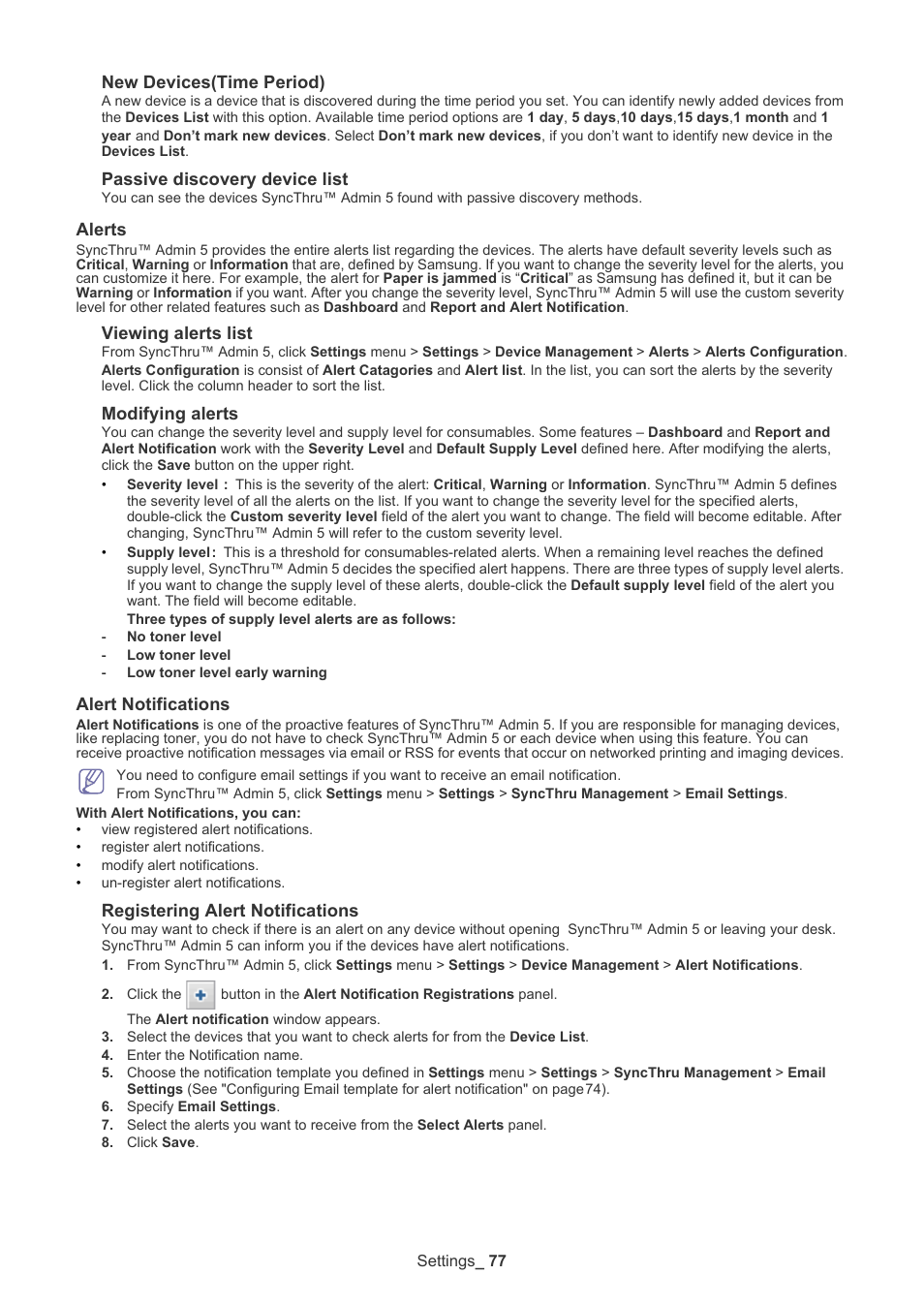 Alerts, Alert notifications, New devices(time period) | Passive discovery device list, Viewing alerts list, Modifying alerts, Registering alert notifications | Samsung ML-3471ND-XAR User Manual | Page 77 / 111