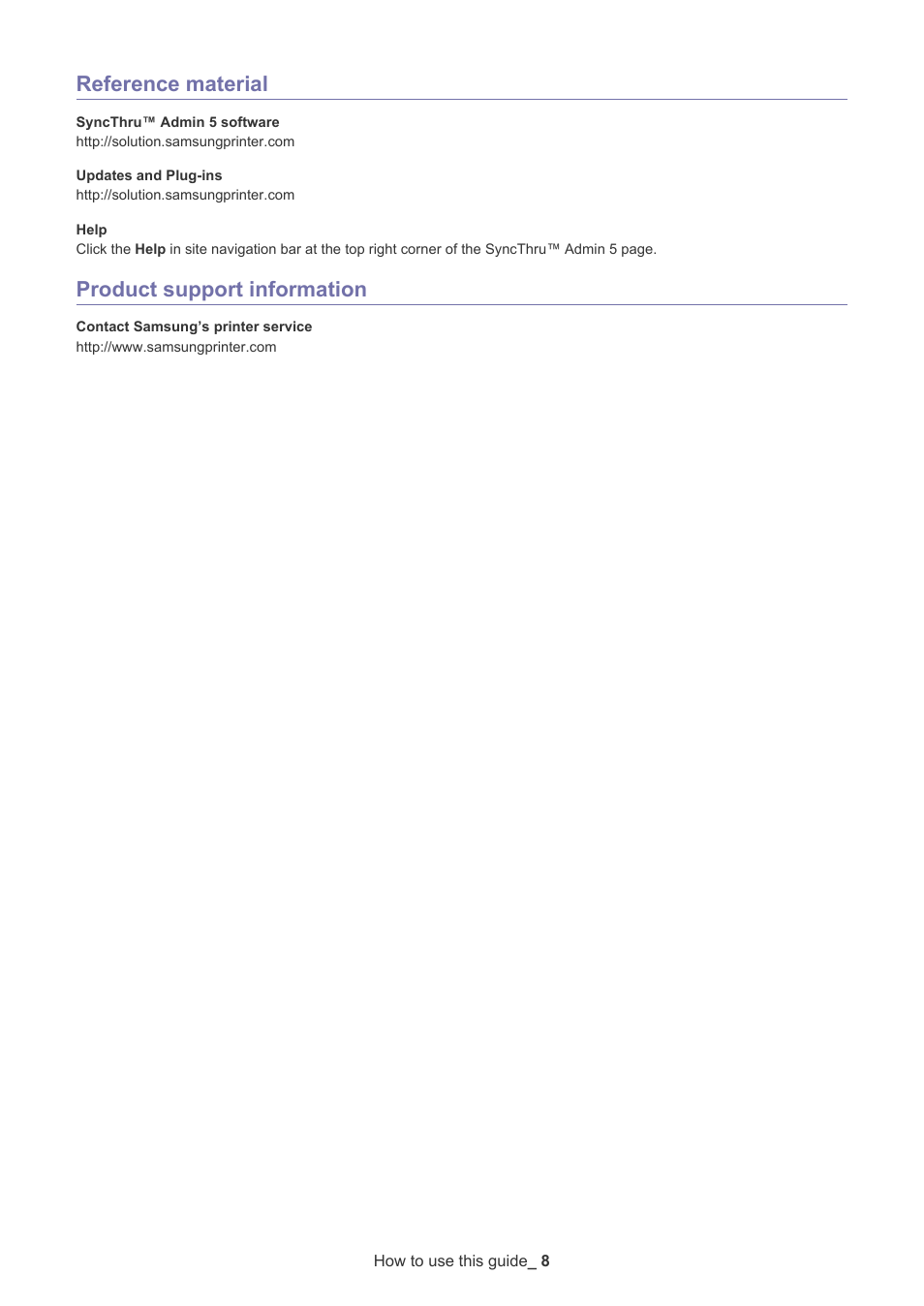 Reference material, Product support information | Samsung ML-3471ND-XAR User Manual | Page 8 / 111