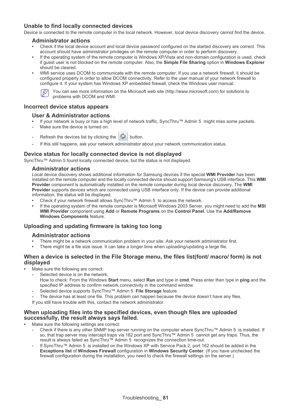 Unable to find locally connected devices, Incorrect device status appears, Uploading and updating firmware is taking too long | Is not displayed, Cessfully, the result always says failed | Samsung ML-3471ND-XAR User Manual | Page 81 / 111