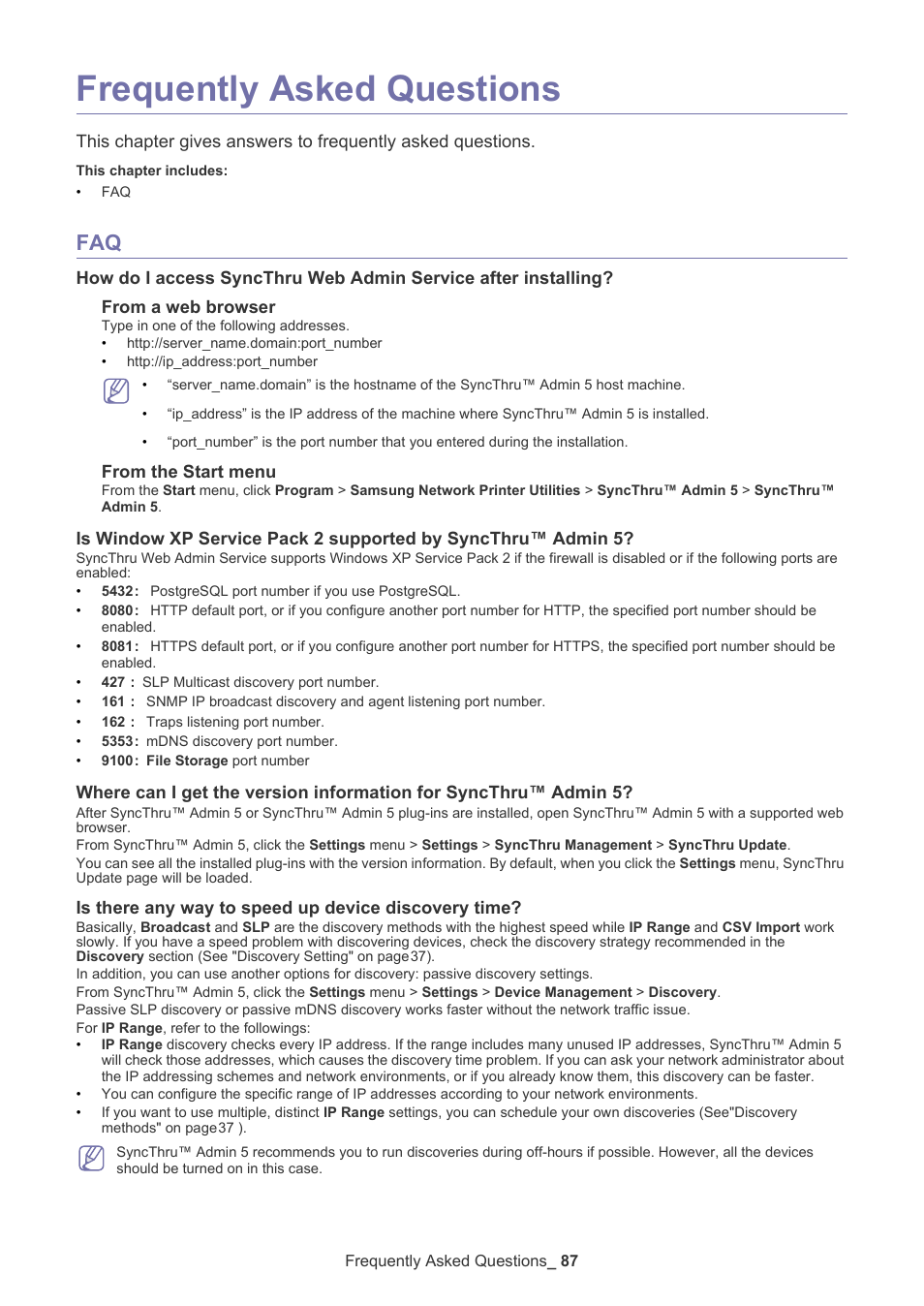 Frequently asked questions, Is there any way to speed up device discovery time | Samsung ML-3471ND-XAR User Manual | Page 87 / 111