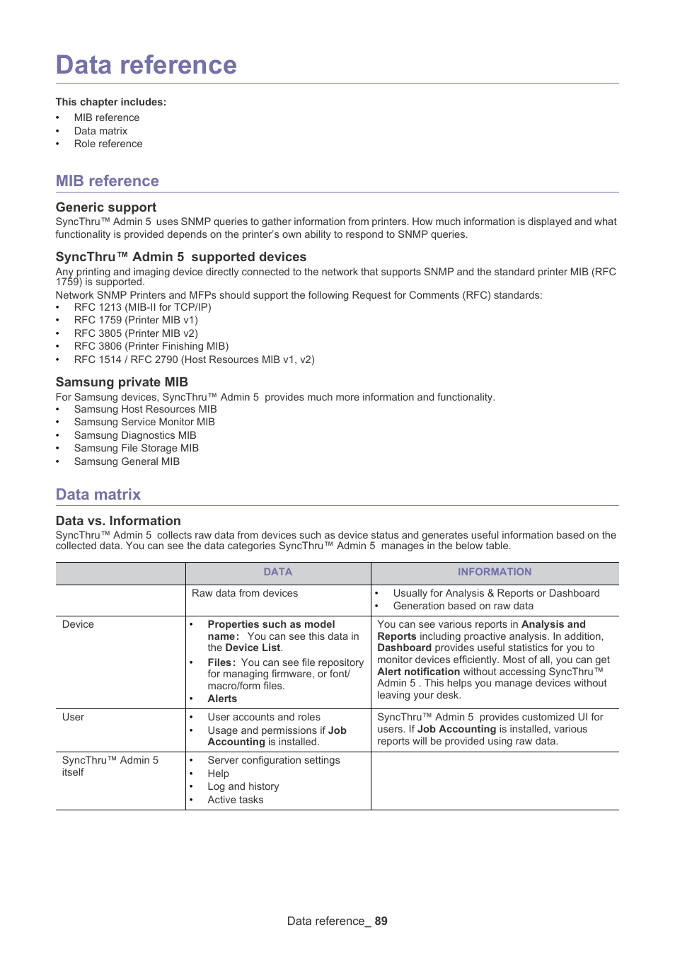 Data reference, Mib reference, Generic support | Syncthru™ admin 5 supported devices, Samsung private mib, Data matrix, Data vs. information | Samsung ML-3471ND-XAR User Manual | Page 89 / 111