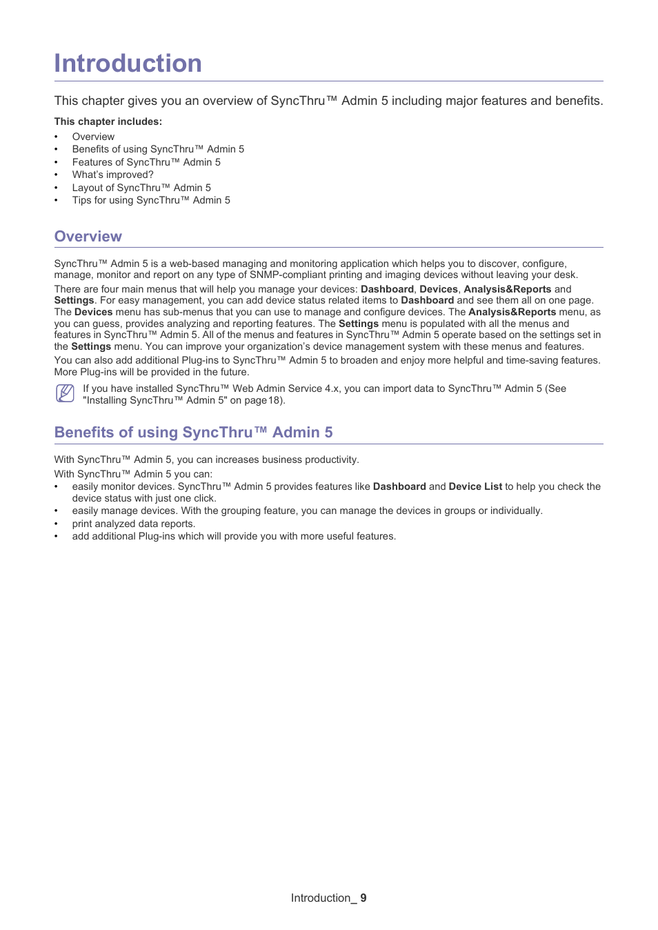 Introduction, Overview, Benefits of using syncthru™ admin 5 | Overview benefits of using syncthru™ admin 5 | Samsung ML-3471ND-XAR User Manual | Page 9 / 111