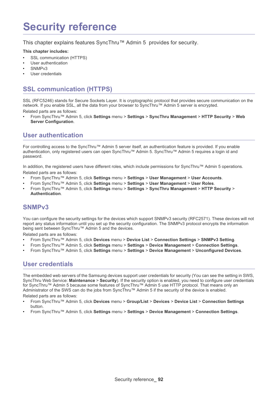 Security reference, Ssl communication (https), User authentication | Snmpv3, User credentials | Samsung ML-3471ND-XAR User Manual | Page 92 / 111